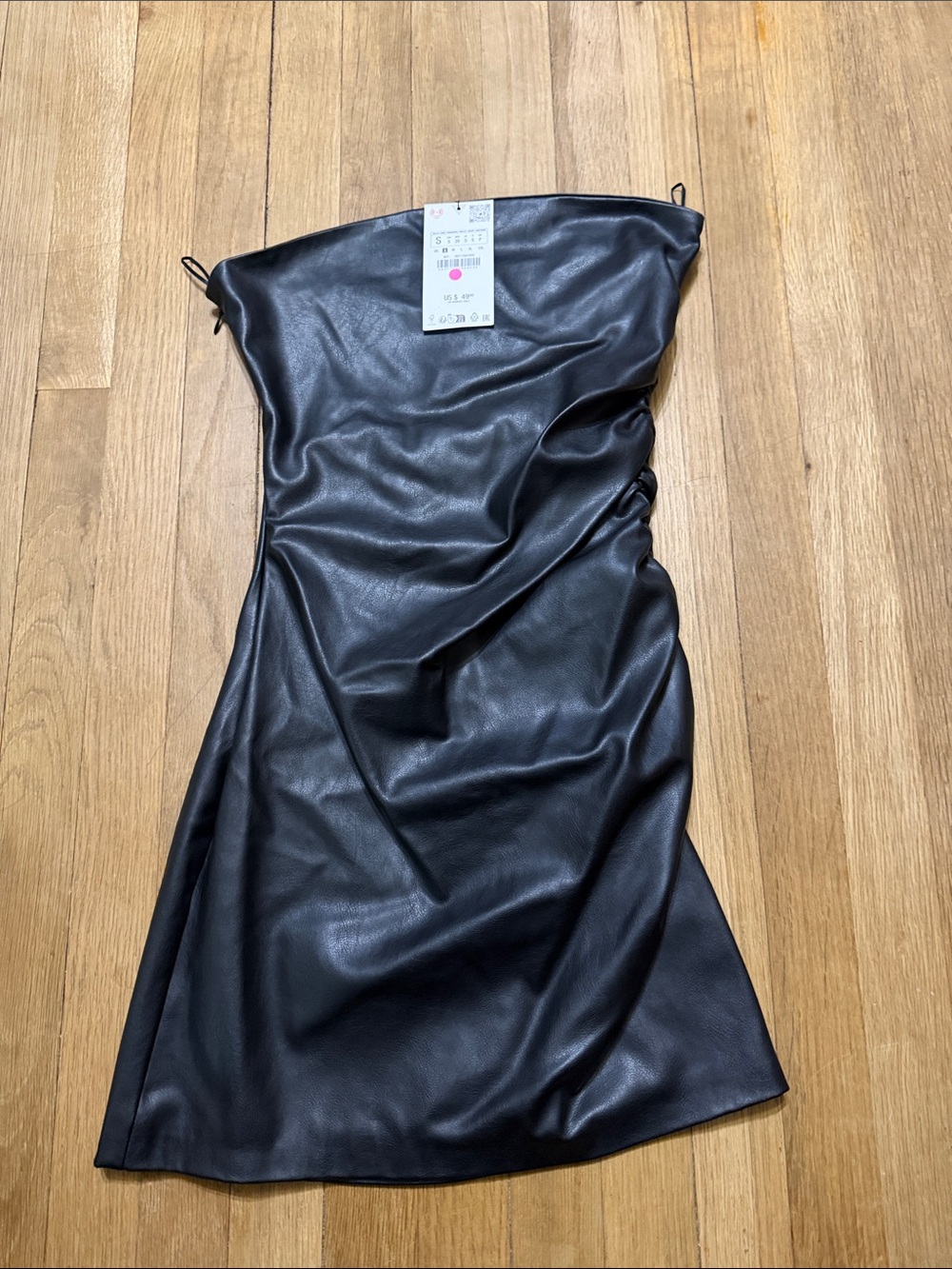 Zara Strapless Black Leather Midi Dress